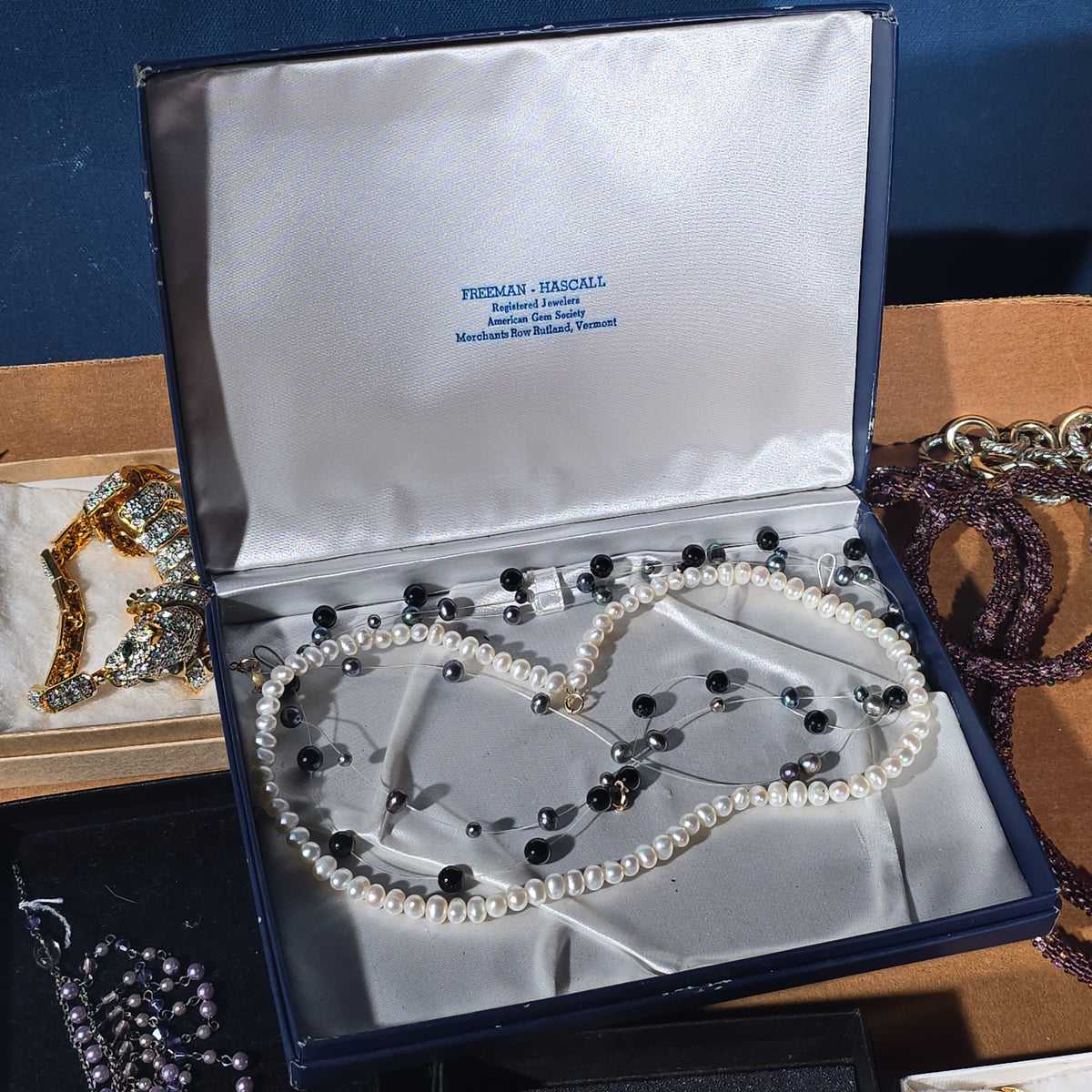 Vintage Costume Jewelry Tray Lot with Pearl Necklaces, Rhinestone Sets, Brooches, and Bracelets