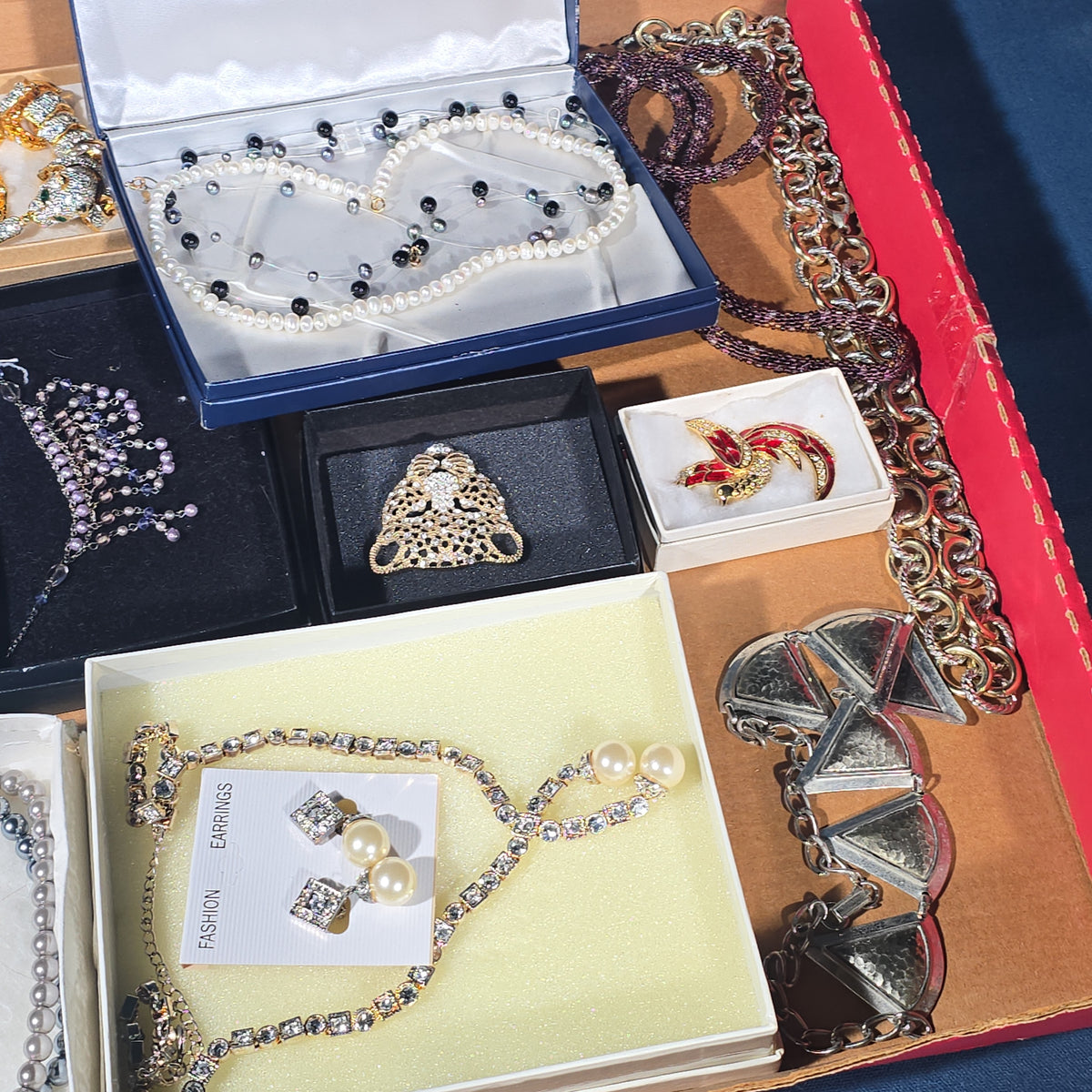 Vintage Costume Jewelry Tray Lot with Pearl Necklaces, Rhinestone Sets, Brooches, and Bracelets