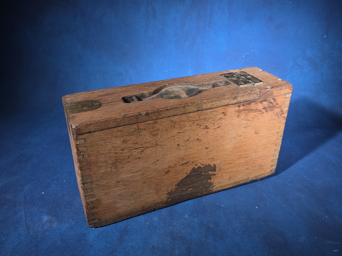 Antique Oak Ammunition Box with Finger-Jointed Construction, Missing Handle