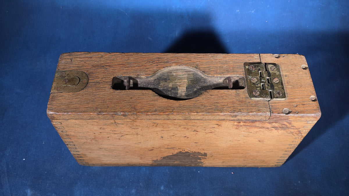 Antique Oak Ammunition Box with Finger-Jointed Construction, Missing Handle