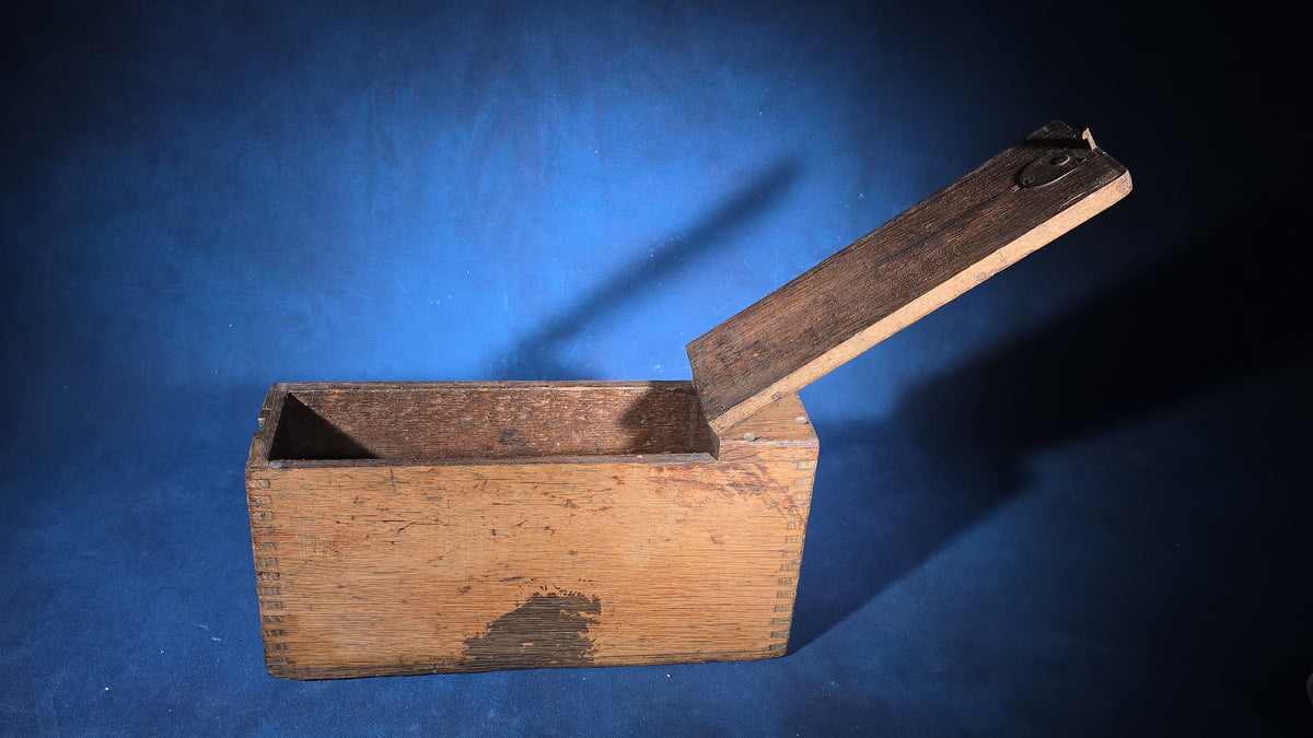 Antique Oak Ammunition Box with Finger-Jointed Construction, Missing Handle