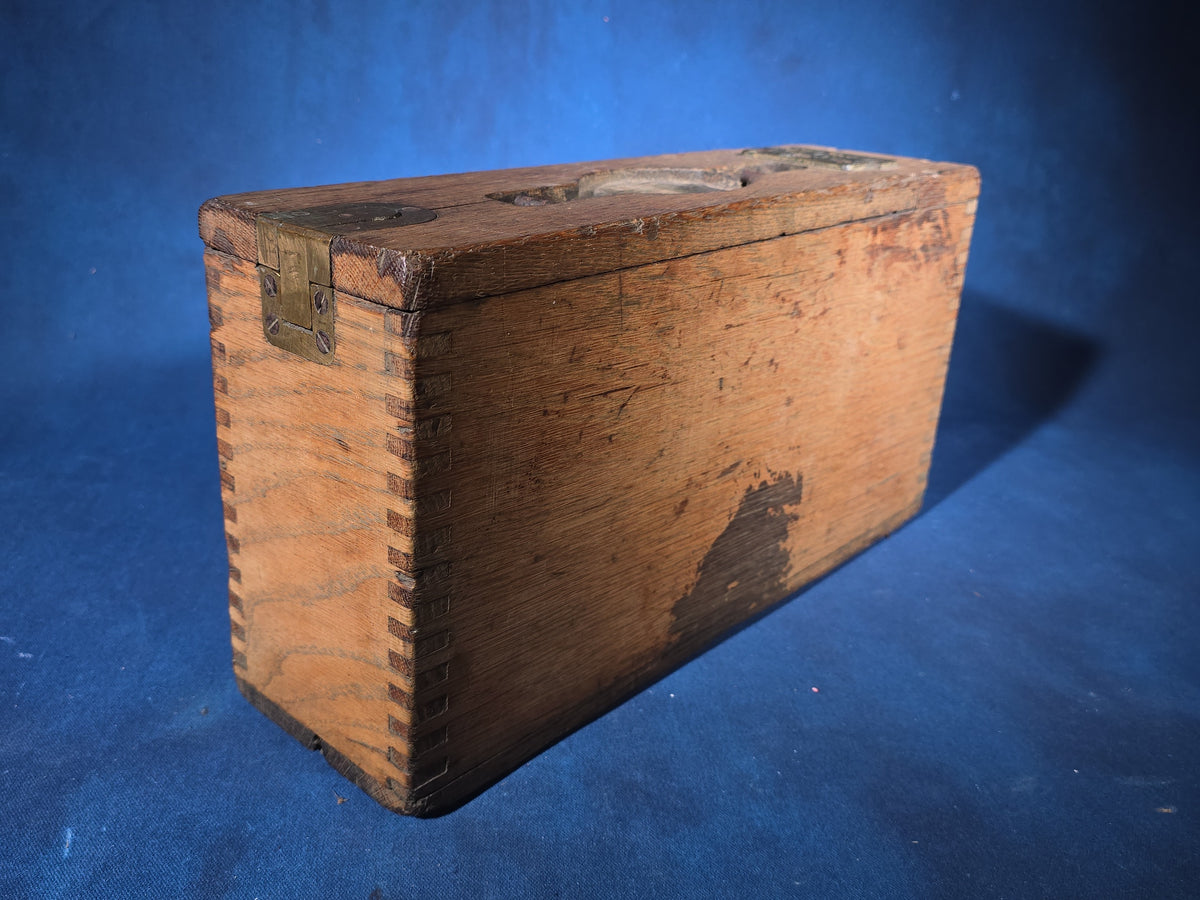 Antique Oak Ammunition Box with Finger-Jointed Construction, Missing Handle