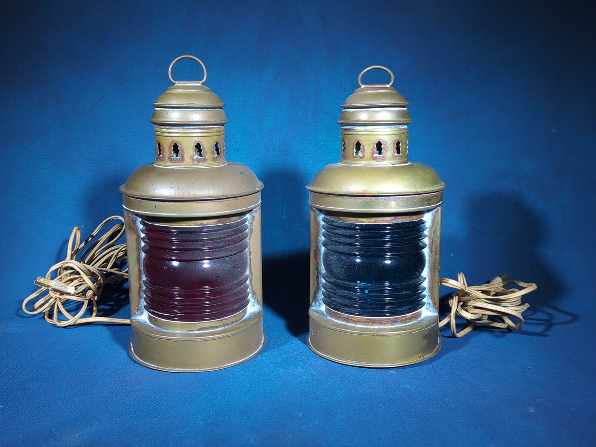 Pair of Vintage Perko Brass Port and Starboard Ship Lanterns, Electrified