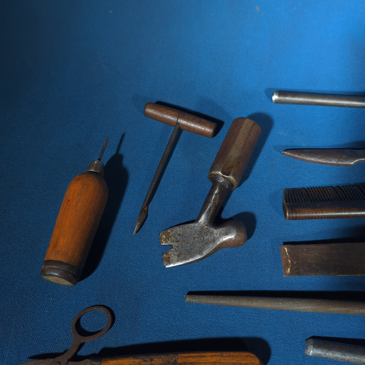 Grouping of Antique and Vintage Wood-Handled Hand Tools including Chisels, Screwdrivers, Awls, Files, and a Tack Hammer