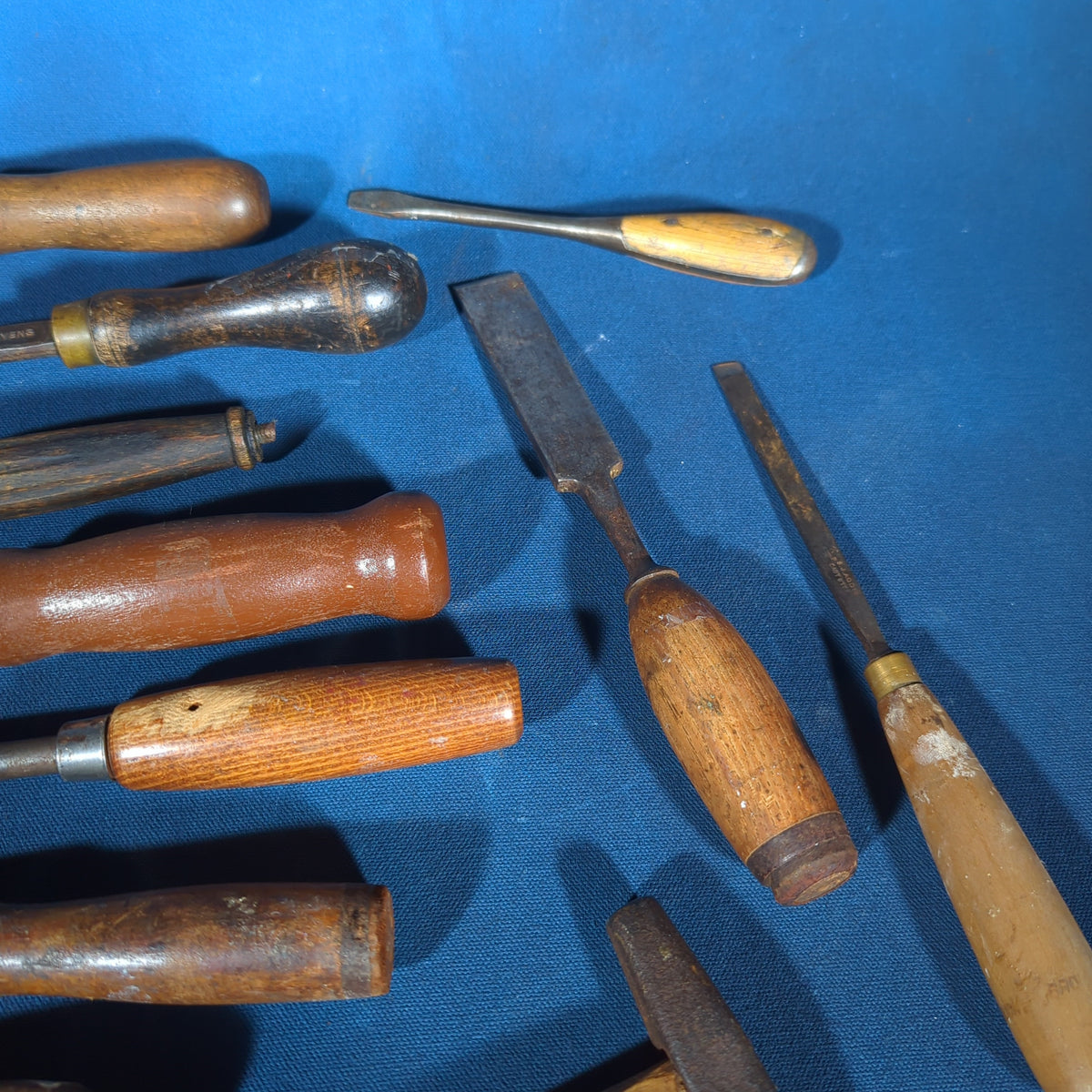 Grouping of Antique and Vintage Wood-Handled Hand Tools including Chisels, Screwdrivers, Awls, Files, and a Tack Hammer