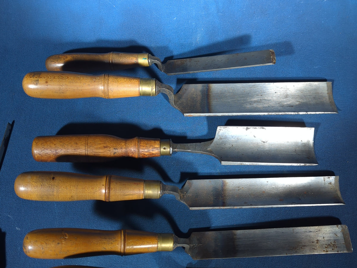 Grouping of 11 Antique Wood Chisels and Gouges with Wood Handles including Buck Brothers Cast Steel and Moulson Brothers Sheffield