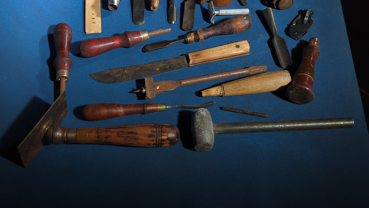 Grouping of Antique and Vintage Wood-Handled Hand Tools including Chisels, Screwdrivers, Hacksaws, Files, Wrenches, and Knives