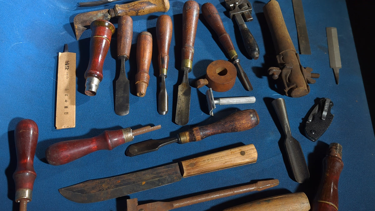 Grouping of Antique and Vintage Wood-Handled Hand Tools including Chisels, Screwdrivers, Hacksaws, Files, Wrenches, and Knives