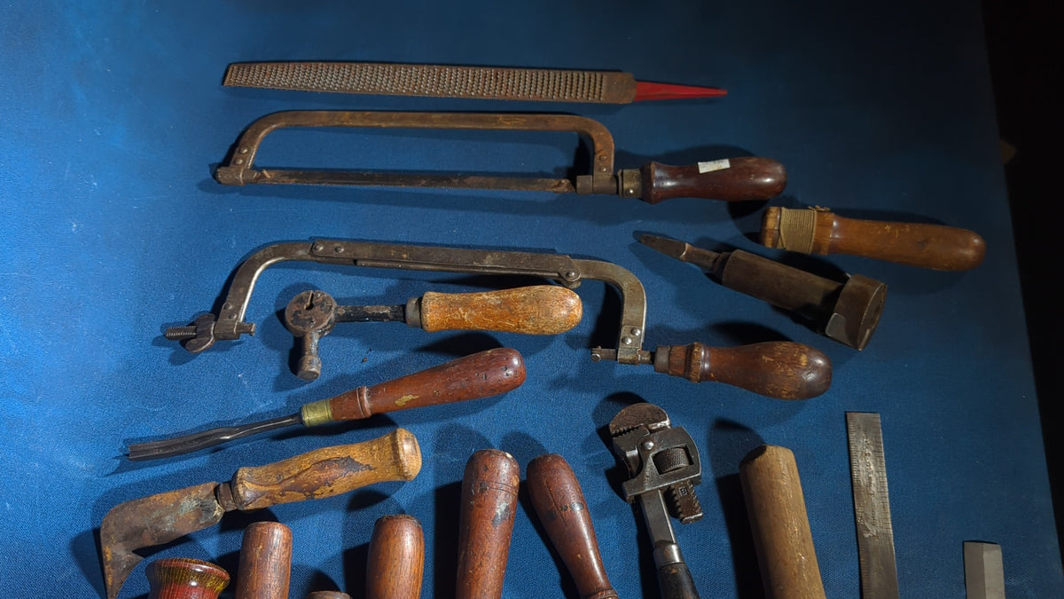 Grouping of Antique and Vintage Wood-Handled Hand Tools including Chisels, Screwdrivers, Hacksaws, Files, Wrenches, and Knives