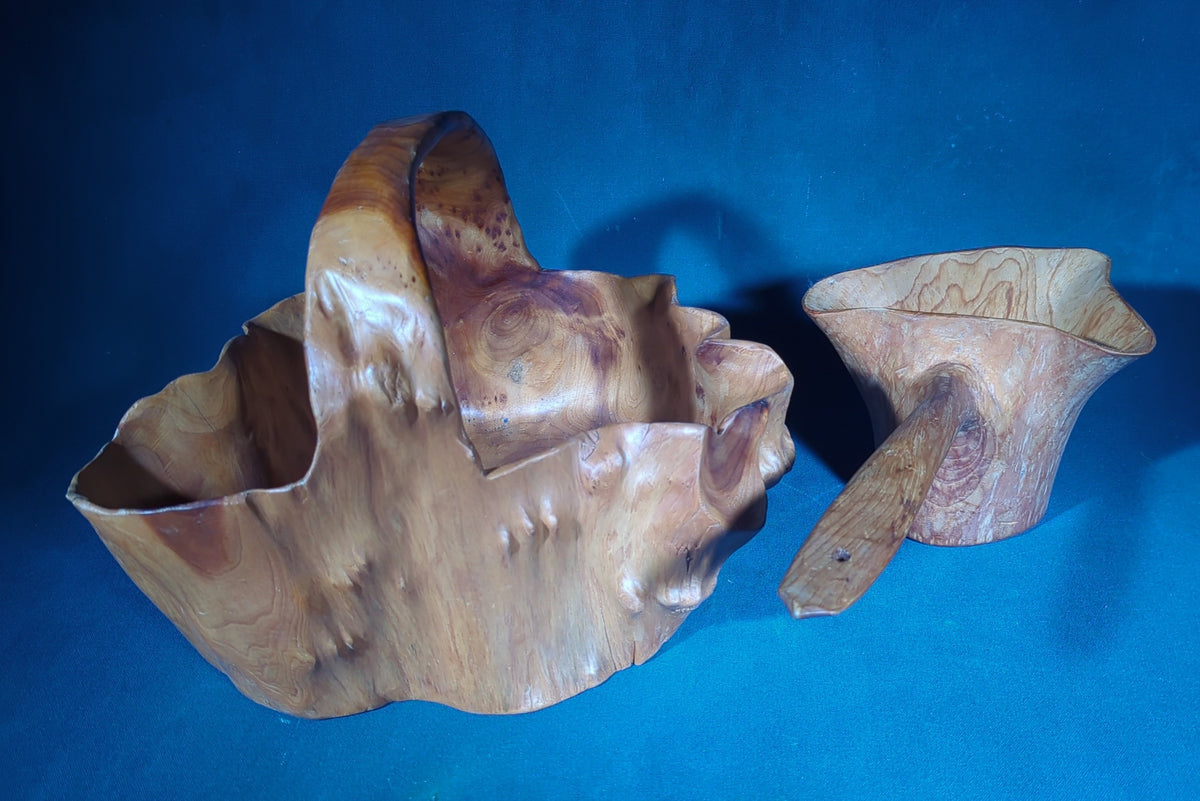 Pair of Vintage Hand-Carved Burl Wood Vessels, Basket with Handle and Ladle