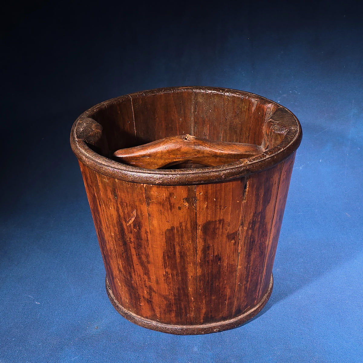 Antique Wooden Bucket with Interior Handle and Metal Strapping