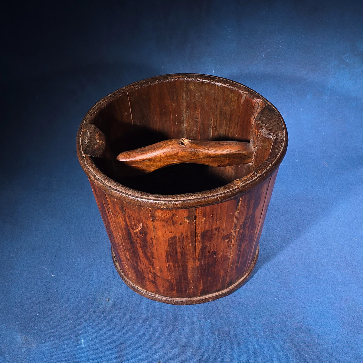 Antique Wooden Bucket with Interior Handle and Metal Strapping