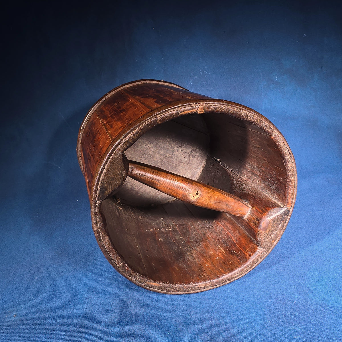 Antique Wooden Bucket with Interior Handle and Metal Strapping