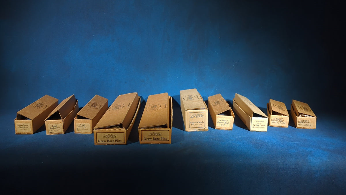 Grouping of 10 Modern Lie-Nielsen Toolworks Woodworking Tools, Brand New in Boxes, including Boggs Spokeshaves, Fishtail Chisels, Draw Bore Pins, Corner Chisel, Skew Chisels, and Marking Knives