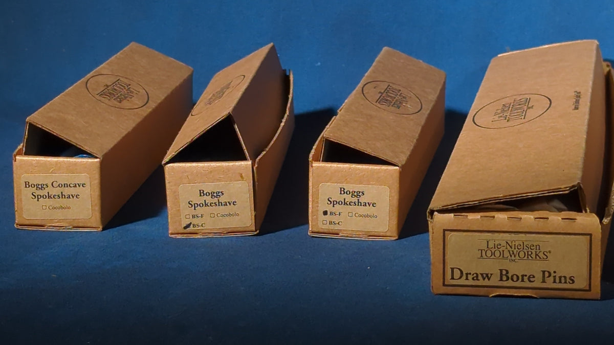Grouping of 10 Modern Lie-Nielsen Toolworks Woodworking Tools, Brand New in Boxes, including Boggs Spokeshaves, Fishtail Chisels, Draw Bore Pins, Corner Chisel, Skew Chisels, and Marking Knives