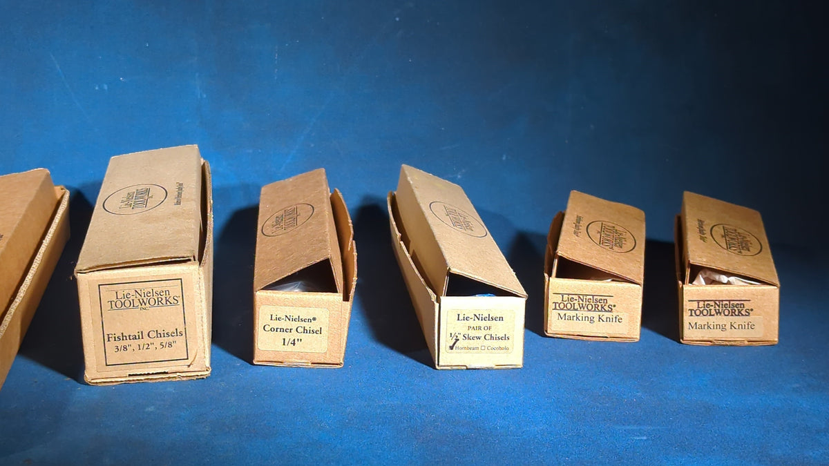 Grouping of 10 Modern Lie-Nielsen Toolworks Woodworking Tools, Brand New in Boxes, including Boggs Spokeshaves, Fishtail Chisels, Draw Bore Pins, Corner Chisel, Skew Chisels, and Marking Knives