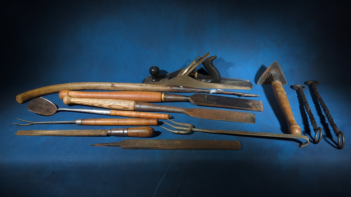 Grouping of Antique and Vintage Hand Tools including Stanley No. 6 Wood Plane, Chisels, Hay Gaff, File, and Twisted Iron Implements