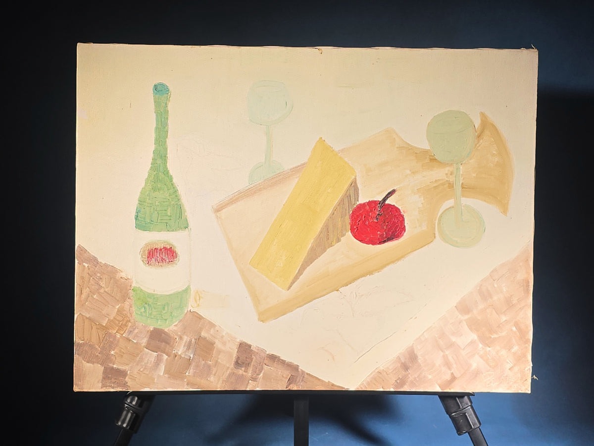 Vintage Oil Painting on Canvas, Still Life with Wine Bottle, Cheese, and Fruit, by Alice Hoyt Palmer
