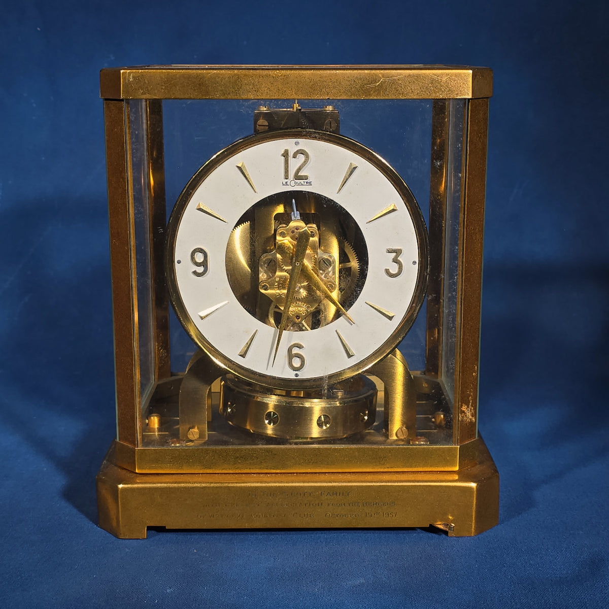 Vintage LeCoultre Atmos Clock with Presentation Inscription from Wykagyl Country Club, Dated October 19th, 1957