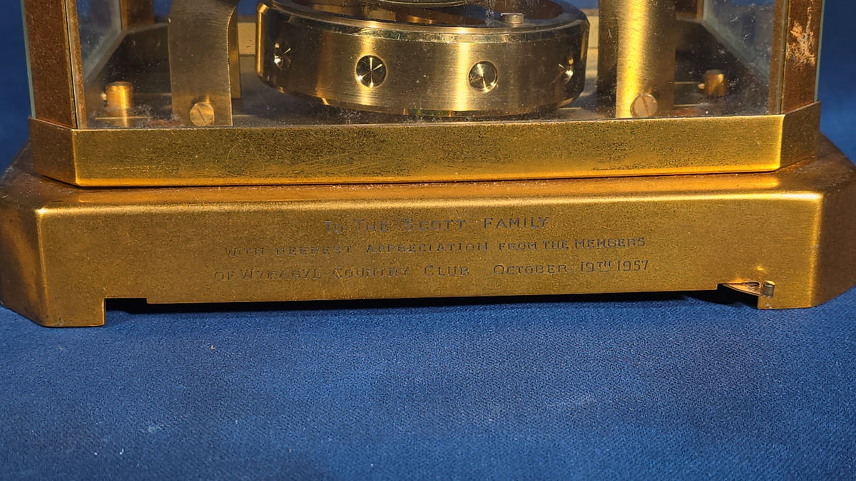 Vintage LeCoultre Atmos Clock with Presentation Inscription from Wykagyl Country Club, Dated October 19th, 1957