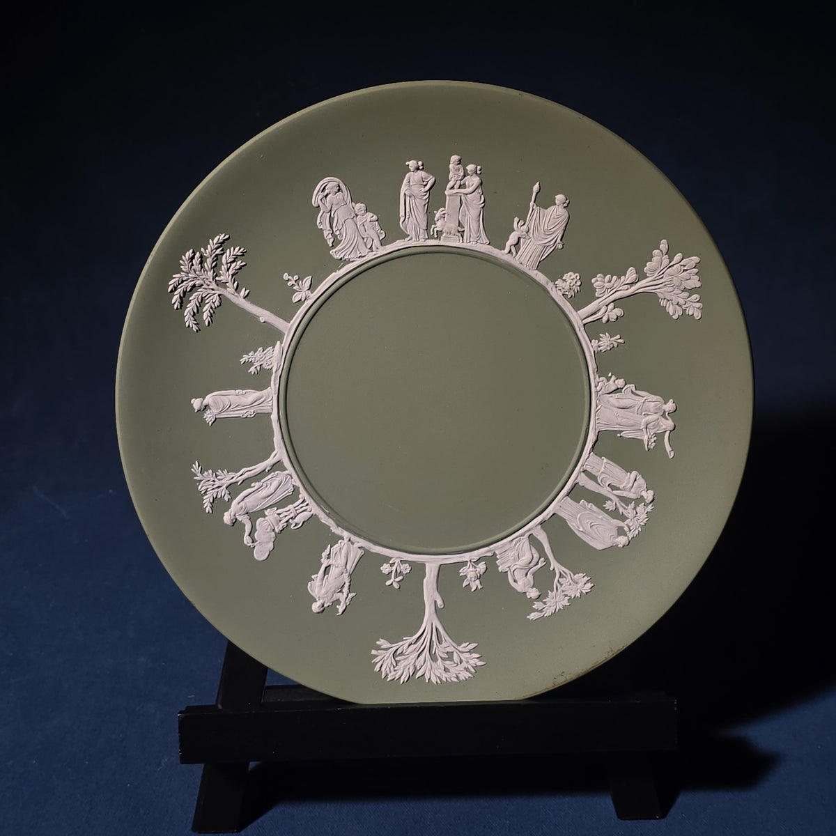 Vintage Wedgwood Green Jasperware Plate with White Classical Relief, Made in England