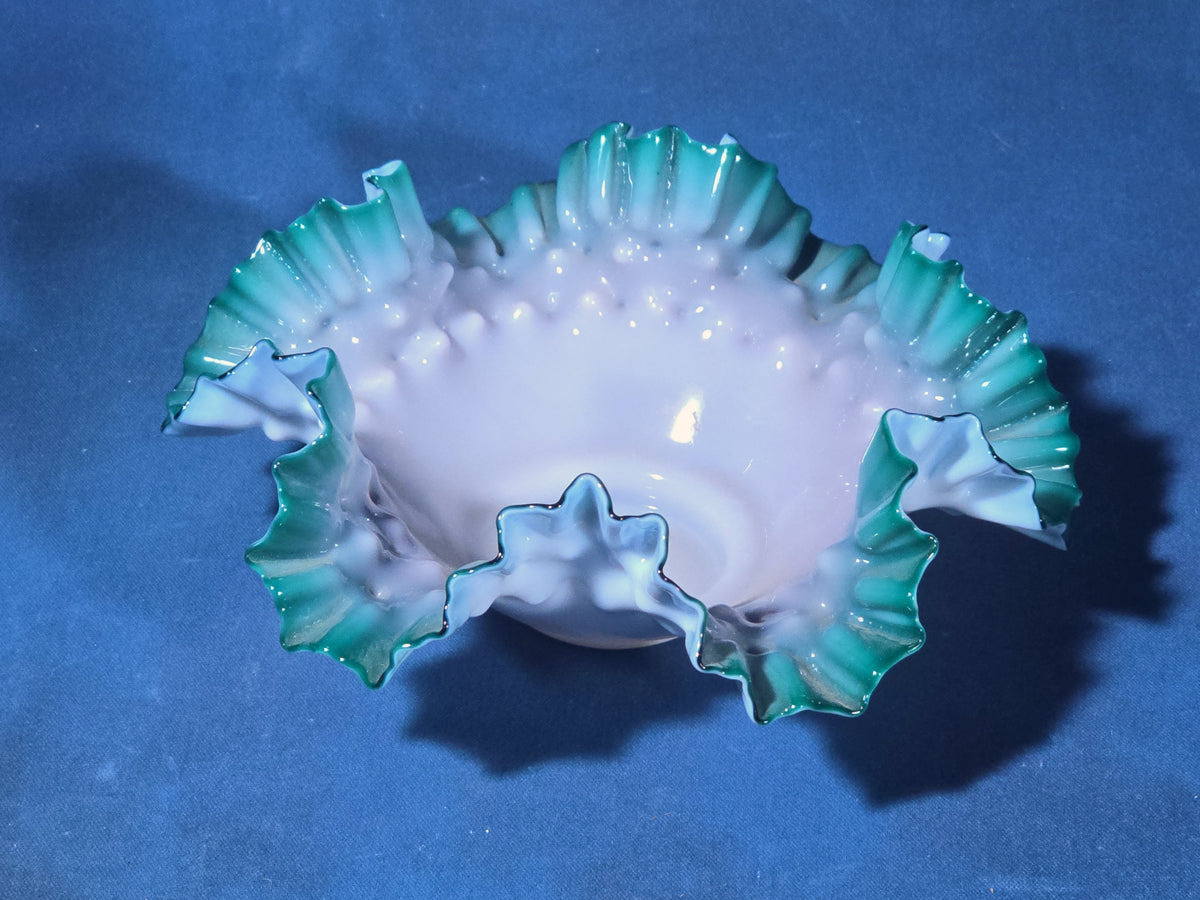 Vintage Green Crest Hobnail Milk Glass Ruffled Bowl, UV Reactive