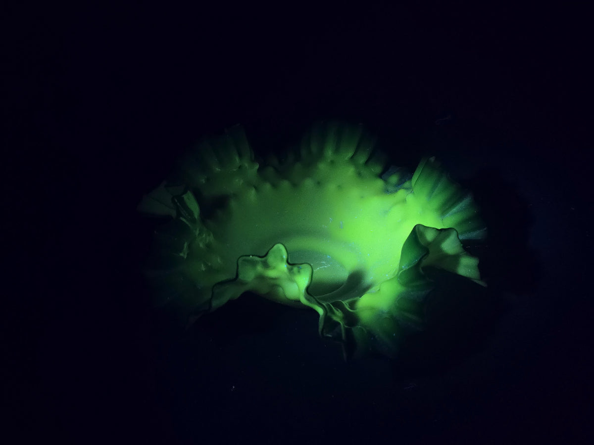 Vintage Green Crest Hobnail Milk Glass Ruffled Bowl, UV Reactive