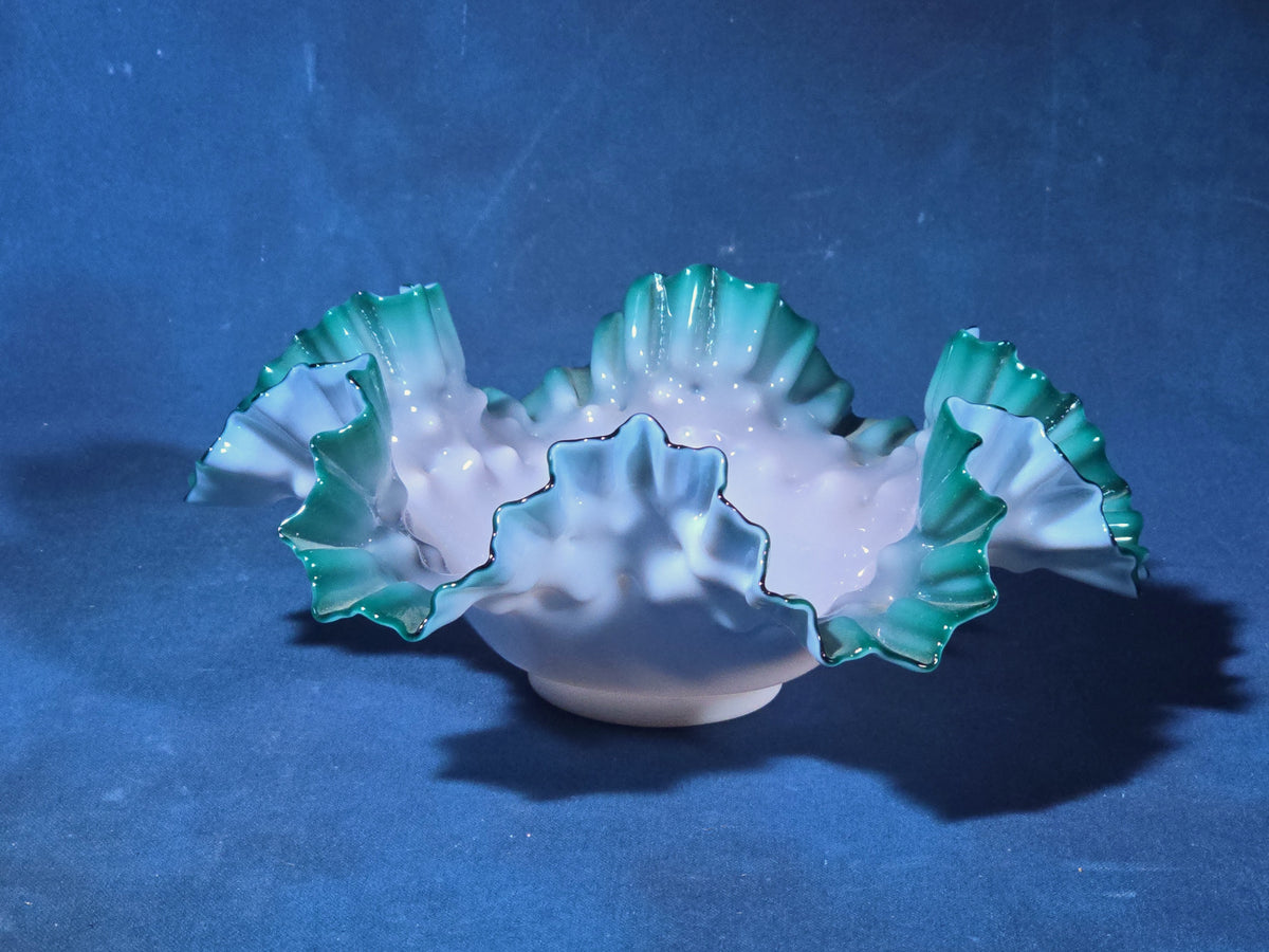 Vintage Green Crest Hobnail Milk Glass Ruffled Bowl, UV Reactive