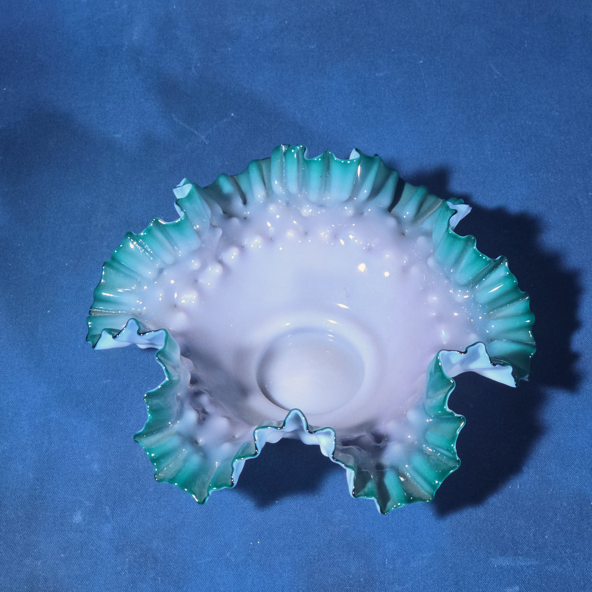 Vintage Green Crest Hobnail Milk Glass Ruffled Bowl, UV Reactive