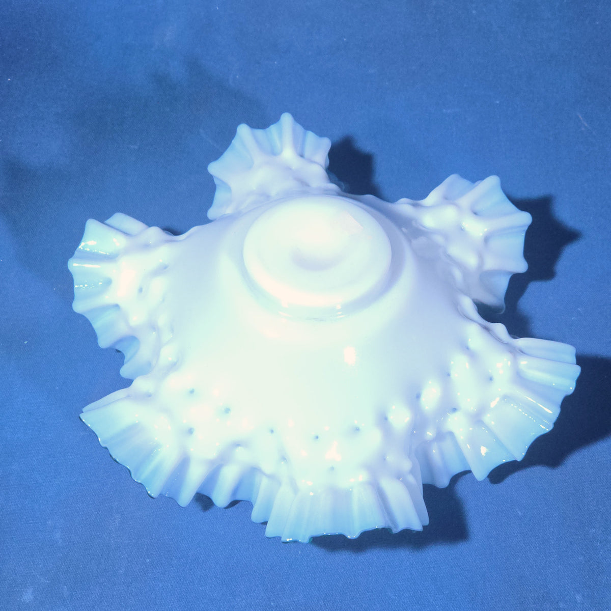 Vintage Green Crest Hobnail Milk Glass Ruffled Bowl, UV Reactive