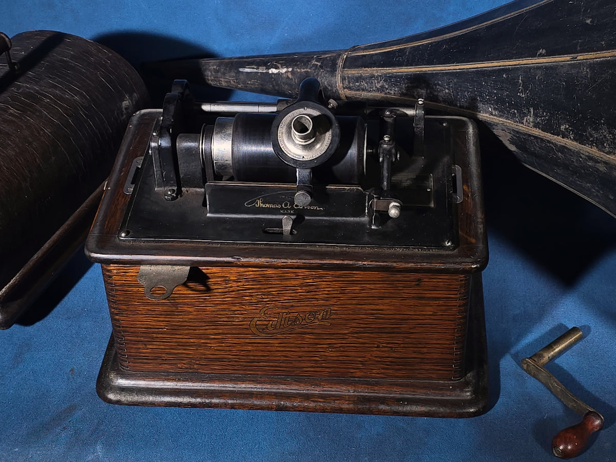 Antique Edison Standard Phonograph Cylinder Player with Oak Case, Horn, and Crank Key