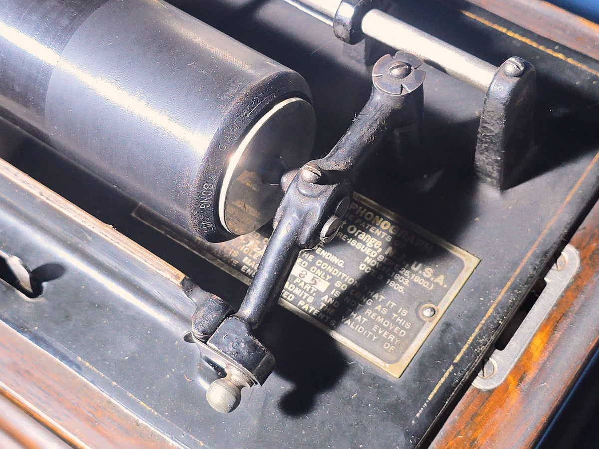 Antique Edison Standard Phonograph Cylinder Player with Oak Case, Horn, and Crank Key
