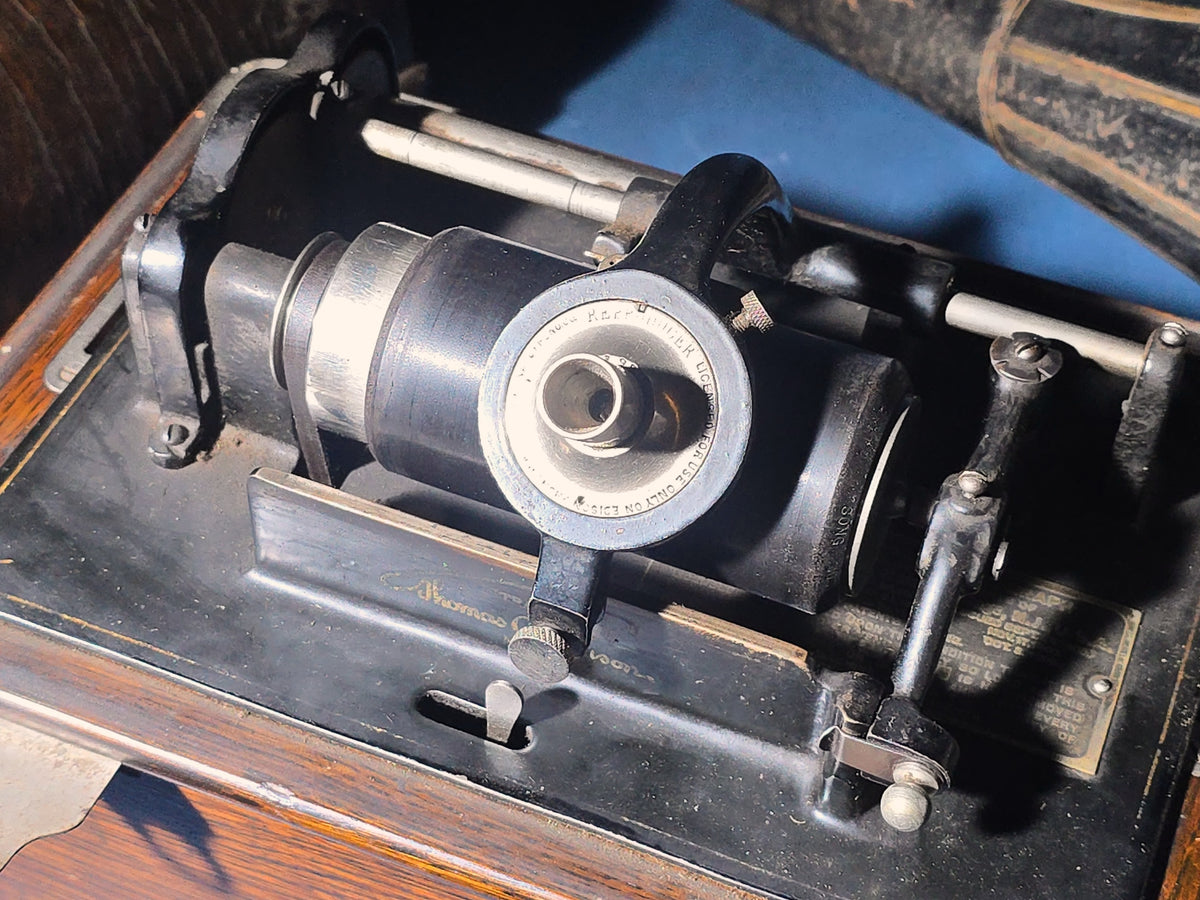 Antique Edison Standard Phonograph Cylinder Player with Oak Case, Horn, and Crank Key