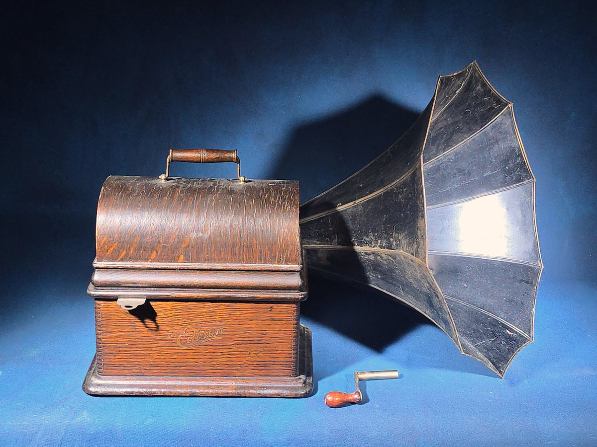 Antique Edison Standard Phonograph Cylinder Player with Oak Case, Horn, and Crank Key