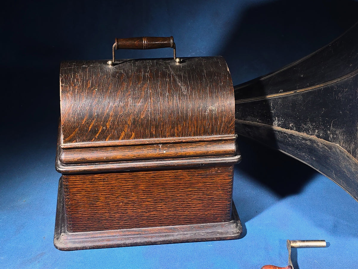 Antique Edison Standard Phonograph Cylinder Player with Oak Case, Horn, and Crank Key