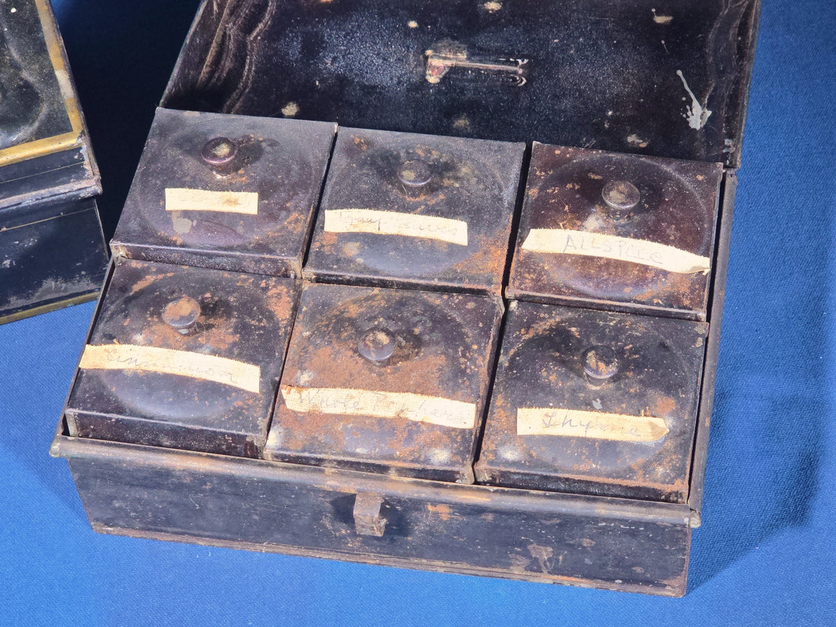 Pair of Antique Toleware Boxes including a Spice Box with Six Interior Canisters and a Cash Box with Brass Handle