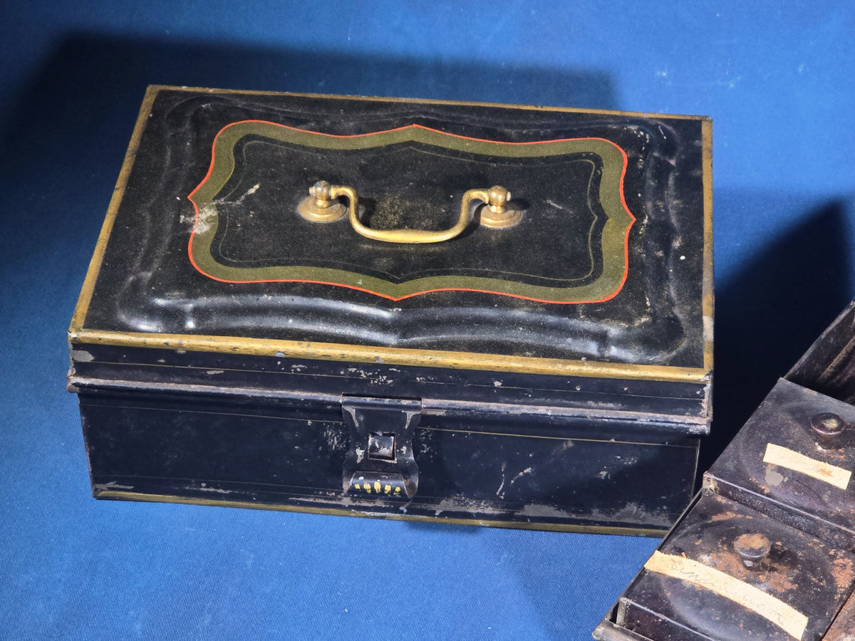 Pair of Antique Toleware Boxes including a Spice Box with Six Interior Canisters and a Cash Box with Brass Handle