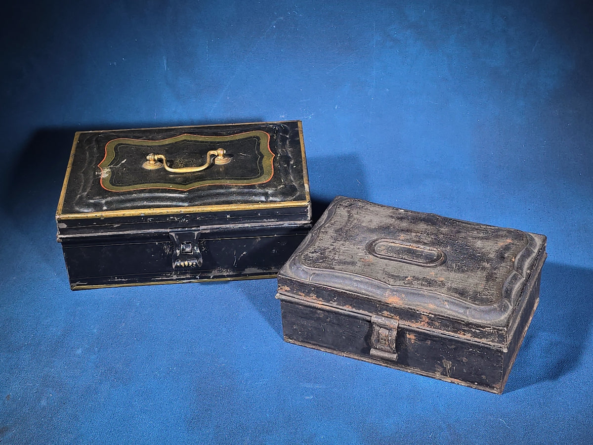 Pair of Antique Toleware Boxes including a Spice Box with Six Interior Canisters and a Cash Box with Brass Handle