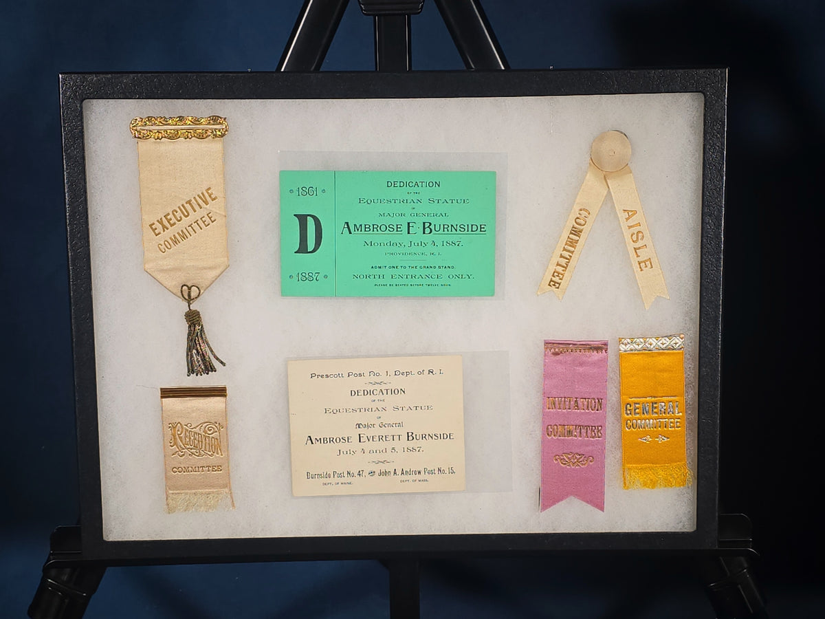 Antique G.A.R. Ribbons and Ephemera from the 1887 Dedication of the Equestrian Statue of Major General Ambrose E. Burnside, Providence, Rhode Island, In Riker Case
