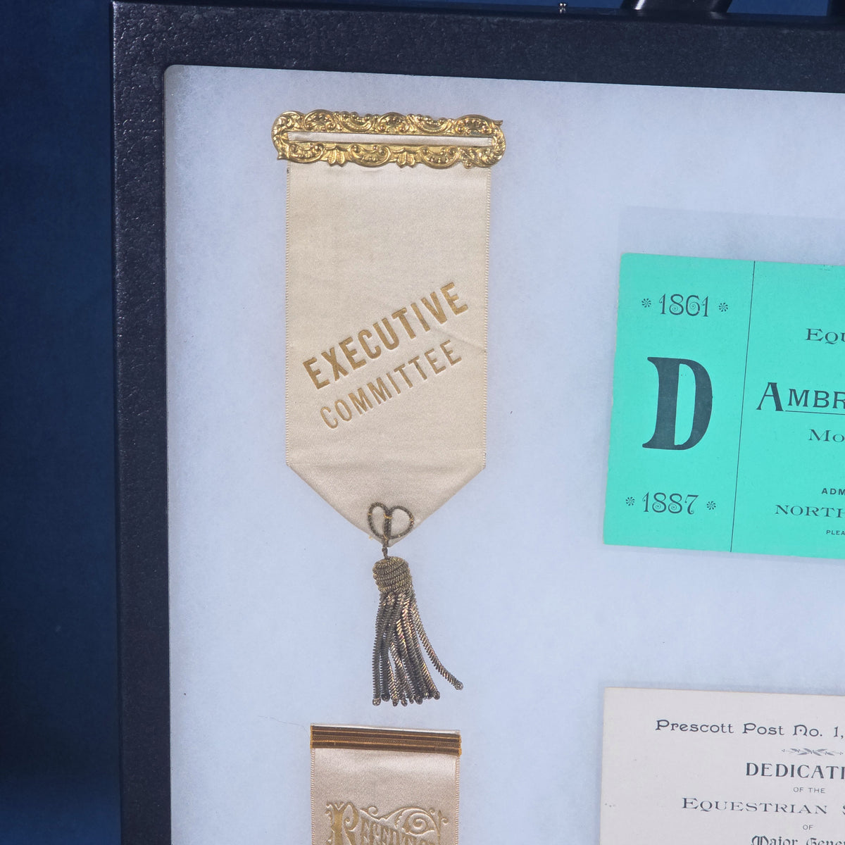 Antique G.A.R. Ribbons and Ephemera from the 1887 Dedication of the Equestrian Statue of Major General Ambrose E. Burnside, Providence, Rhode Island, In Riker Case