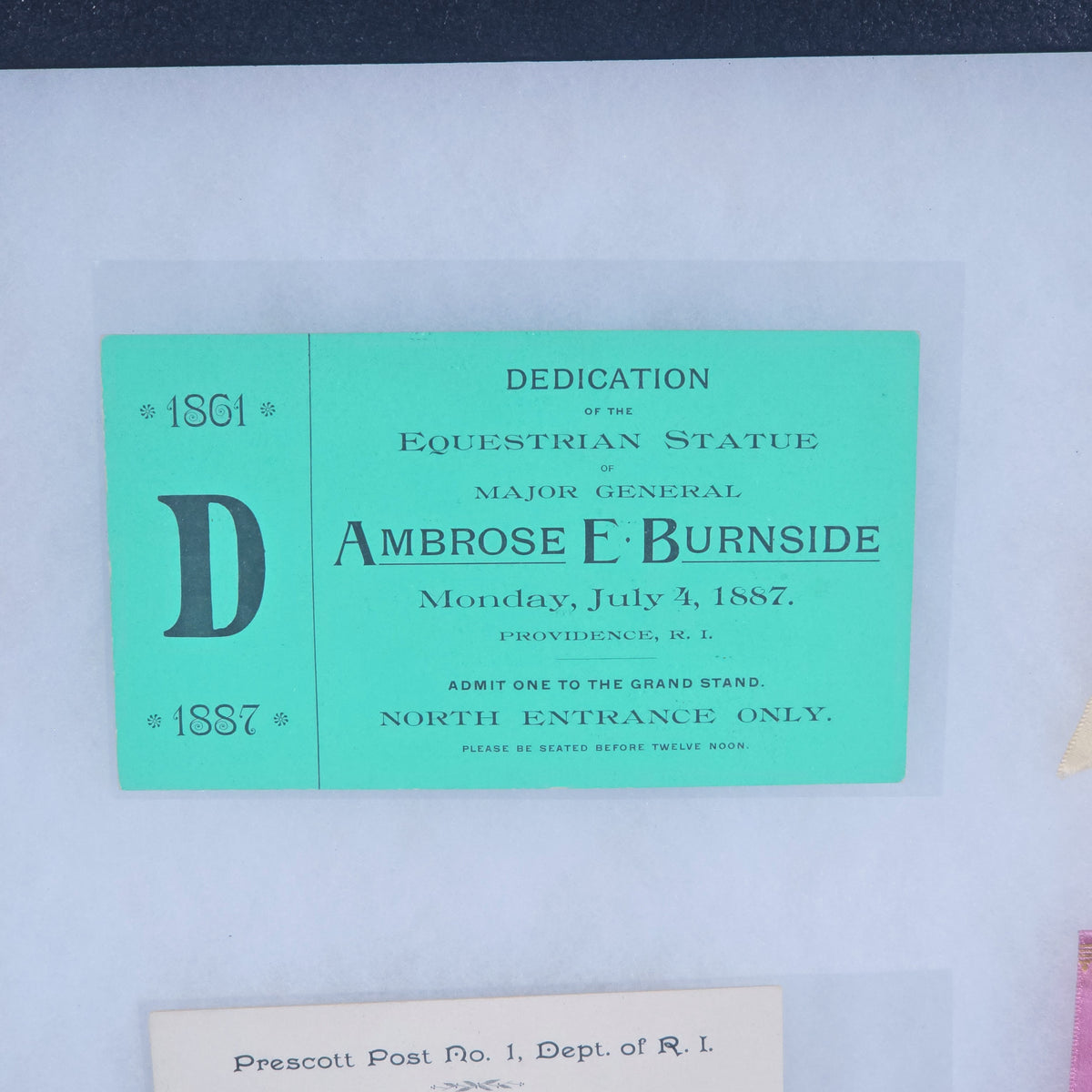 Antique G.A.R. Ribbons and Ephemera from the 1887 Dedication of the Equestrian Statue of Major General Ambrose E. Burnside, Providence, Rhode Island, In Riker Case