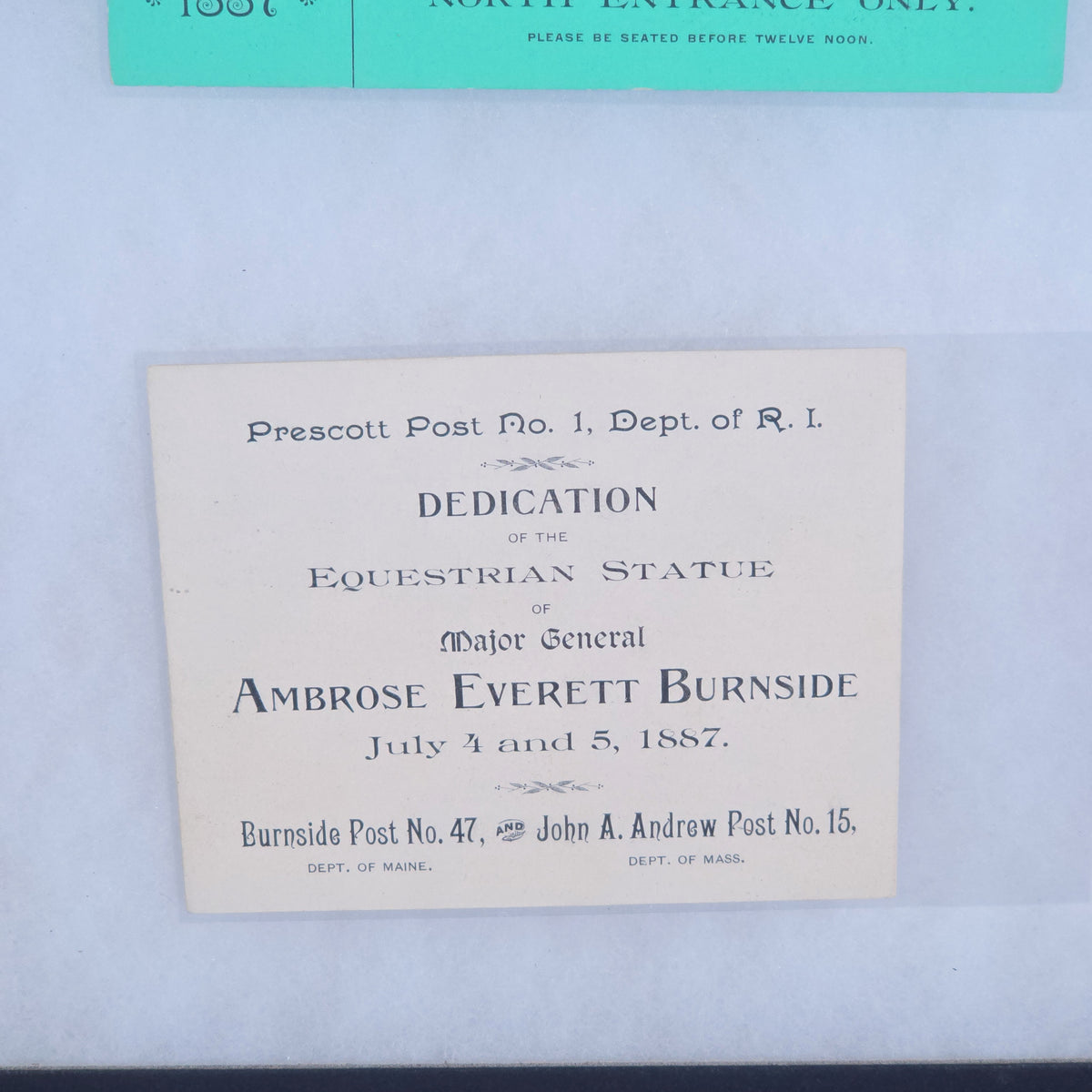 Antique G.A.R. Ribbons and Ephemera from the 1887 Dedication of the Equestrian Statue of Major General Ambrose E. Burnside, Providence, Rhode Island, In Riker Case