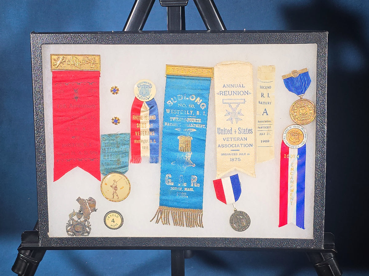 Antique and Vintage Rhode Island G.A.R. and Sons of Union Veterans Ribbons, Medals, and Pins in Riker Case