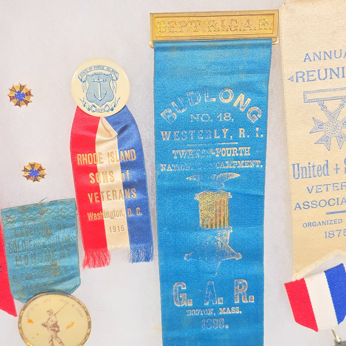 Antique and Vintage Rhode Island G.A.R. and Sons of Union Veterans Ribbons, Medals, and Pins in Riker Case