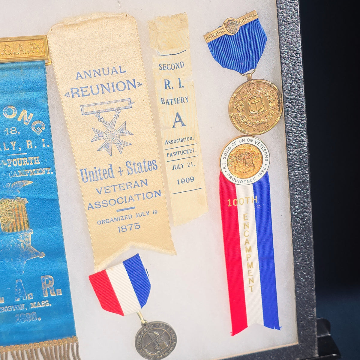 Antique and Vintage Rhode Island G.A.R. and Sons of Union Veterans Ribbons, Medals, and Pins in Riker Case