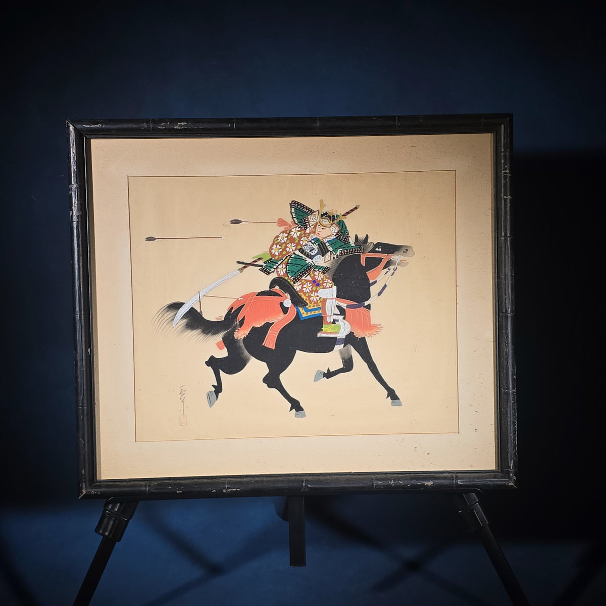 Vintage Japanese Painting on Silk of a Samurai Warrior on Horseback, Signed, Framed