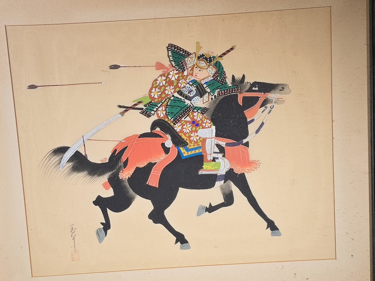 Vintage Japanese Painting on Silk of a Samurai Warrior on Horseback, Signed, Framed