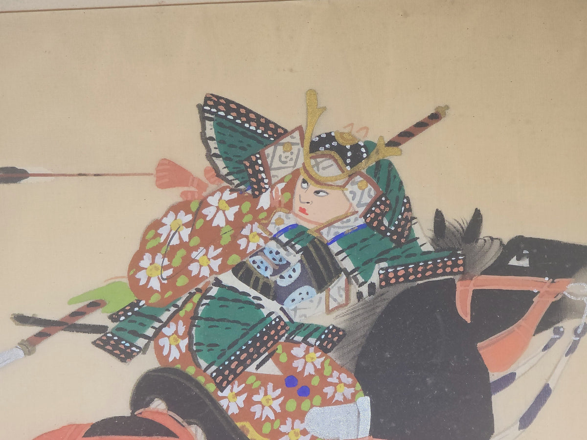 Vintage Japanese Painting on Silk of a Samurai Warrior on Horseback, Signed, Framed