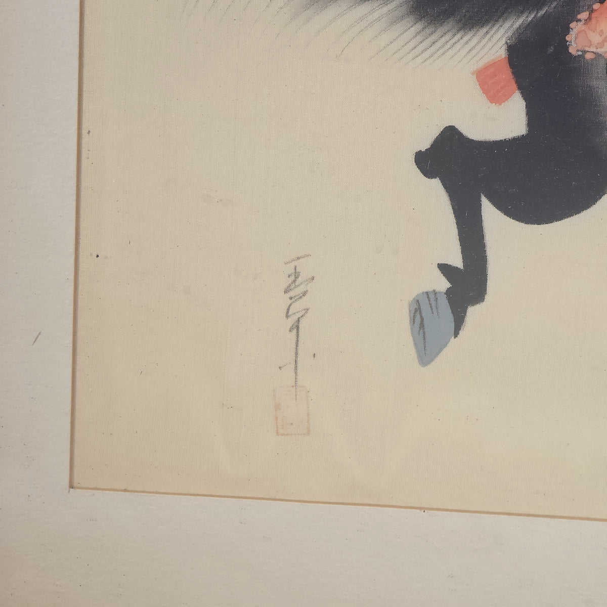 Vintage Japanese Painting on Silk of a Samurai Warrior on Horseback, Signed, Framed
