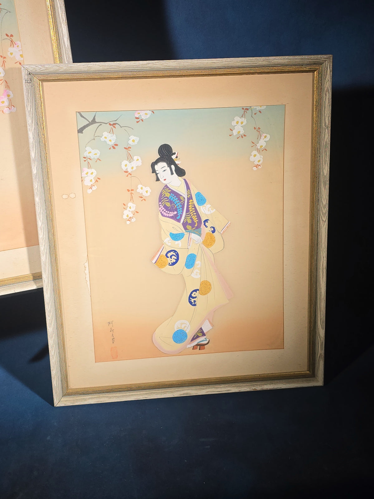 Pair of Vintage Japanese Paintings on Silk, Bijin Figures with Cherry Blossoms, Signed